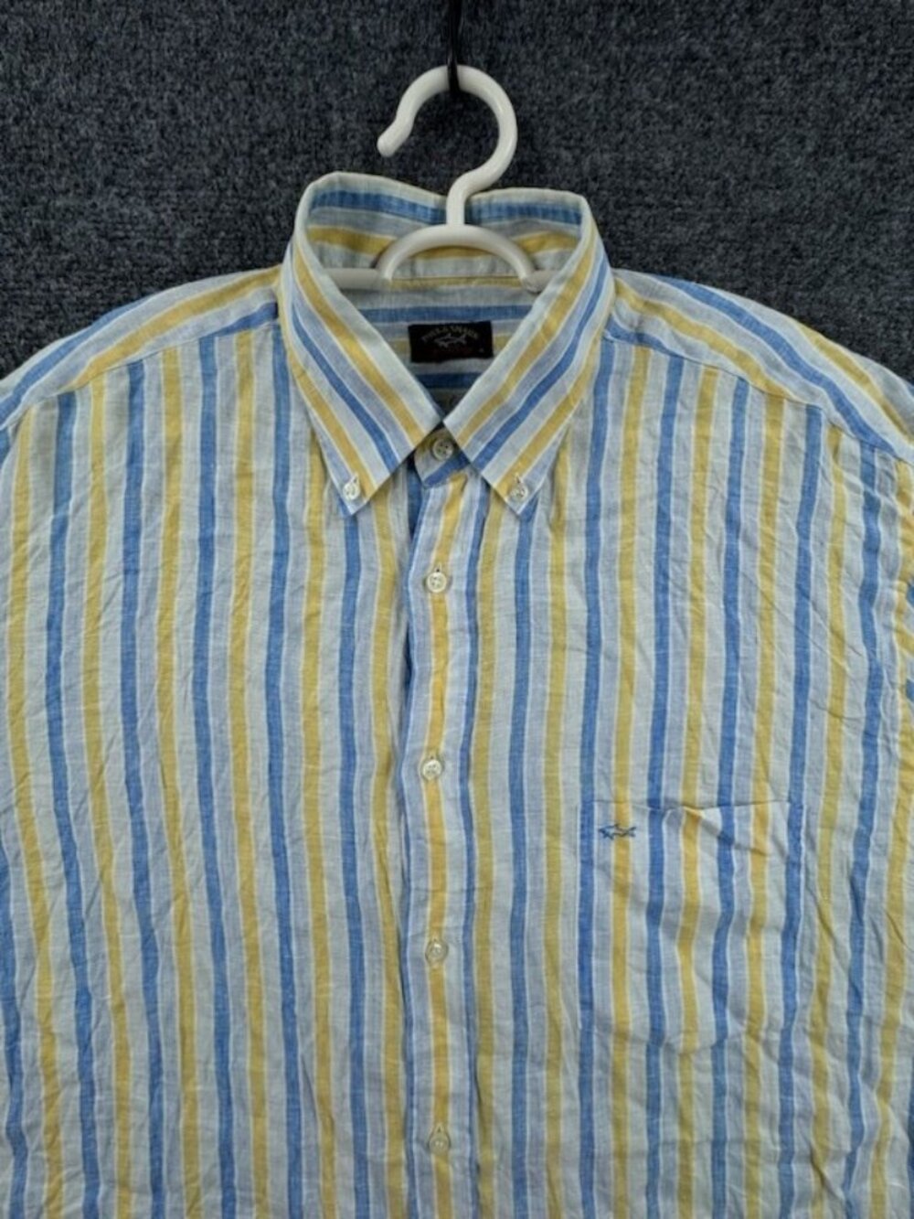 Paul & Shark Blue Yellow Striped Button-Down XL Linen Pocket Men Shirt Adult
